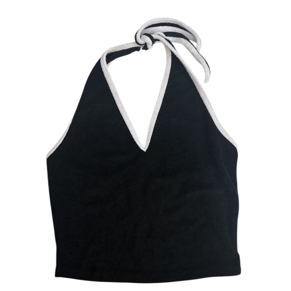 Bozzolo Tilly’s Black With White Trim Terry Cloth Halter Cropped Top Size Large